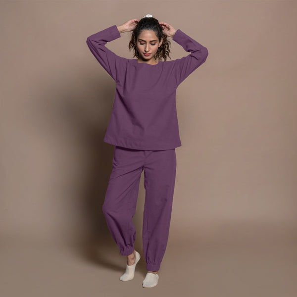 Front View of a Model wearing Wine Warm Cotton Flannel Elasticated High-Rise Jogger Pant