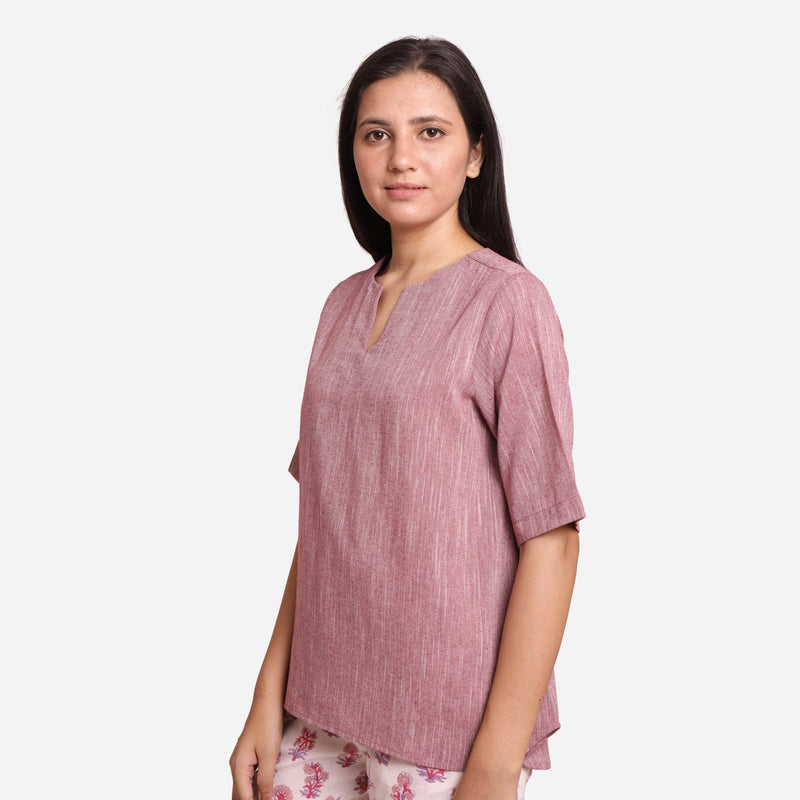 Left View of a Model wearing Wine Yarn Dyed 100% Cotton High-Low Tunic Top