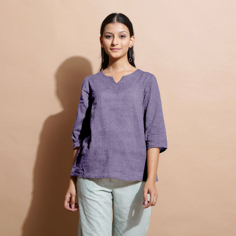 Front View of a Model wearing Wisteria 100% Linen Split-Neck Tunic Top