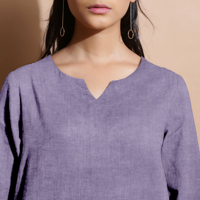 Front Detail of a Model wearing Wisteria 100% Linen Split-Neck Tunic Top