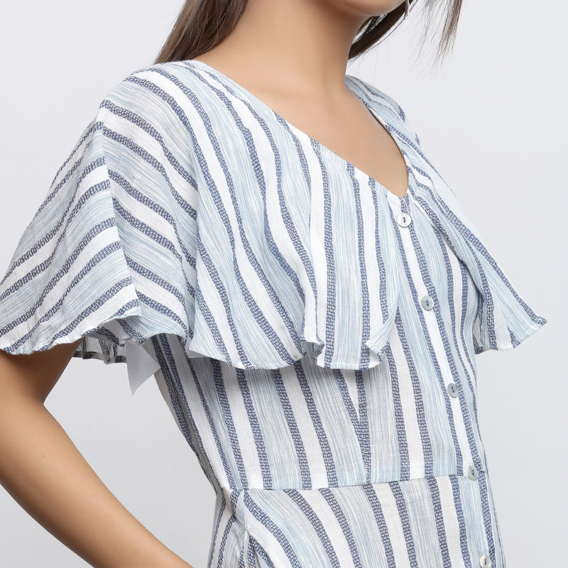 Right Detail of a Model wearing Crinkled 100% Cotton Striped Button-Down Midi Cape Dress