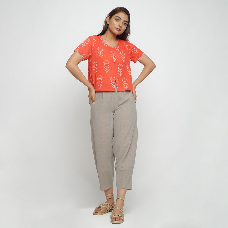 Front View of a Model wearing Beige Yarn Dyed 100% Cotton Elasticated Paneled Pegged Pant