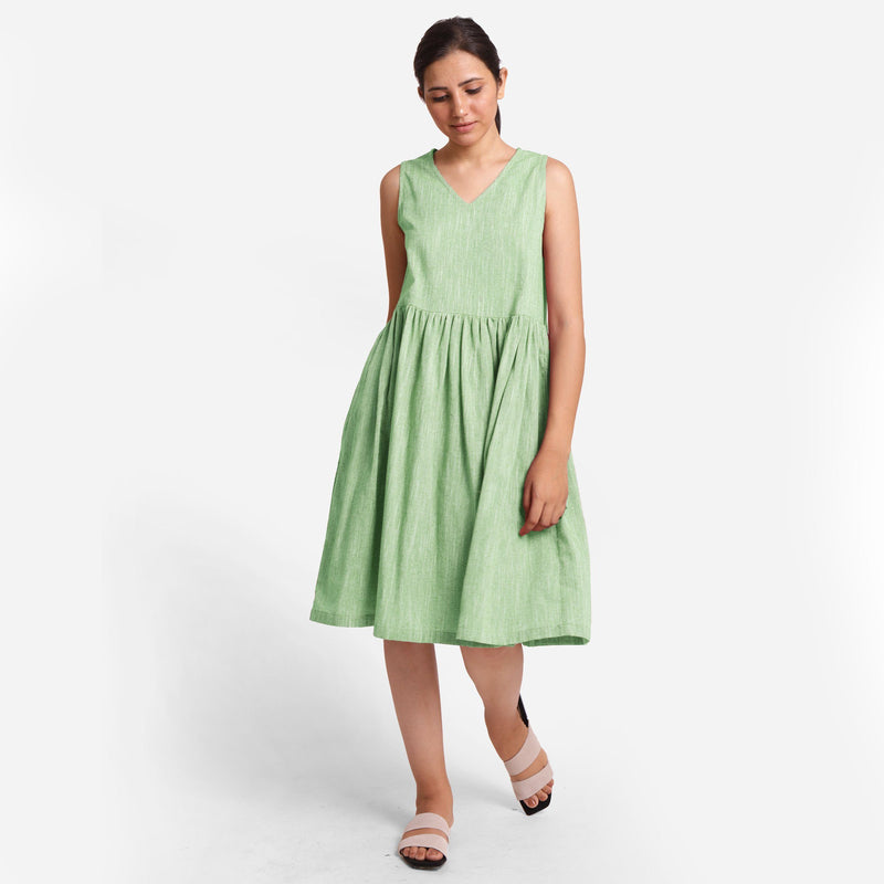 Front View of a Model wearing Yarn Dyed Cotton Green Yoke Dress