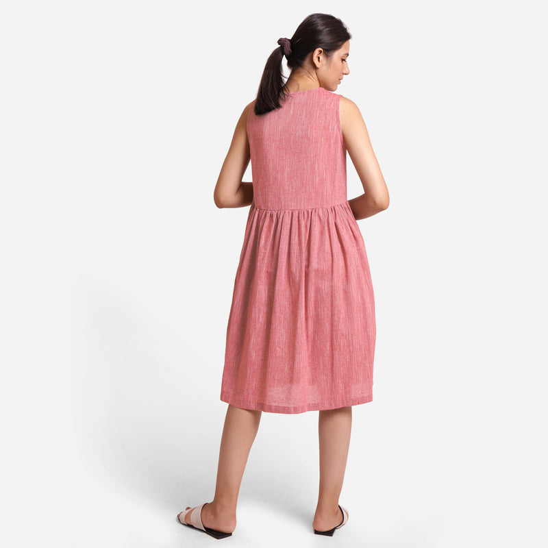 Back View of a Model wearing Yarn Dyed Cotton Red Yoke Dress