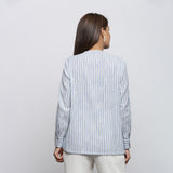 Back View of a Model wearing Striped Yarn Dyed Cotton Tie Neck Cuff Sleeve Top