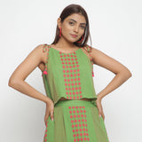 Front View of a Model wearing Green Yarn Dyed Crinkled Cotton Tie-Up Shoulder Crop Top
