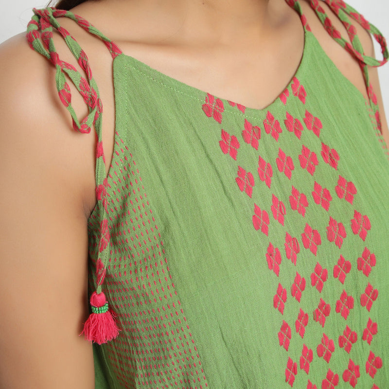 Front Detail of a Model wearing Green Yarn Dyed Crinkled Cotton Tie-Up Shoulder Crop Top