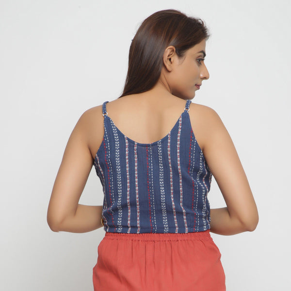 Back View of a Model wearing Yarn Dyed Crinkled Cotton V-Neck Top