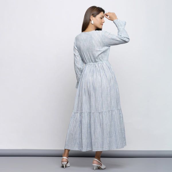 Back View of a Model wearing Yarn Dyed Button-Down Tiered Maxi Dress