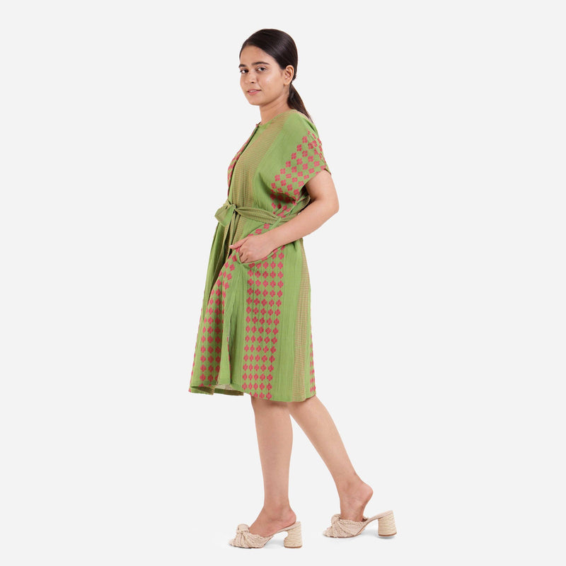 Left View of a Model wearing Green Crinkled Cotton Striped A-Line Dress