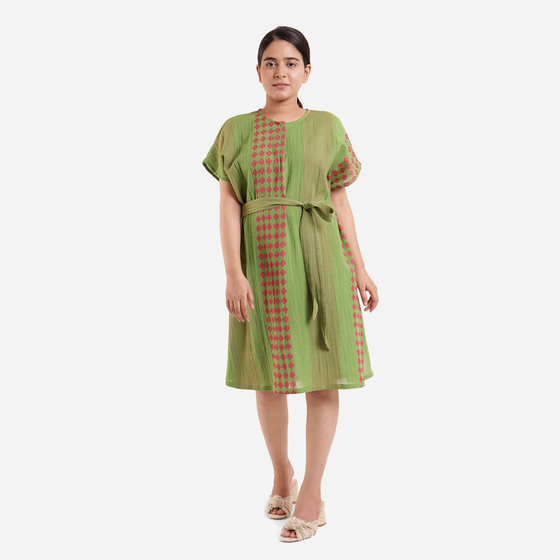 Front View of a Model wearing Green Crinkled Cotton Striped A-Line Dress