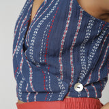 Left Detail of a Model wearing Yarn Dyed Crinkled Cotton V-Neck Top