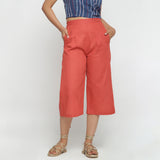 Front View of a Model wearing Brick Red Cotton High Rise Culottes