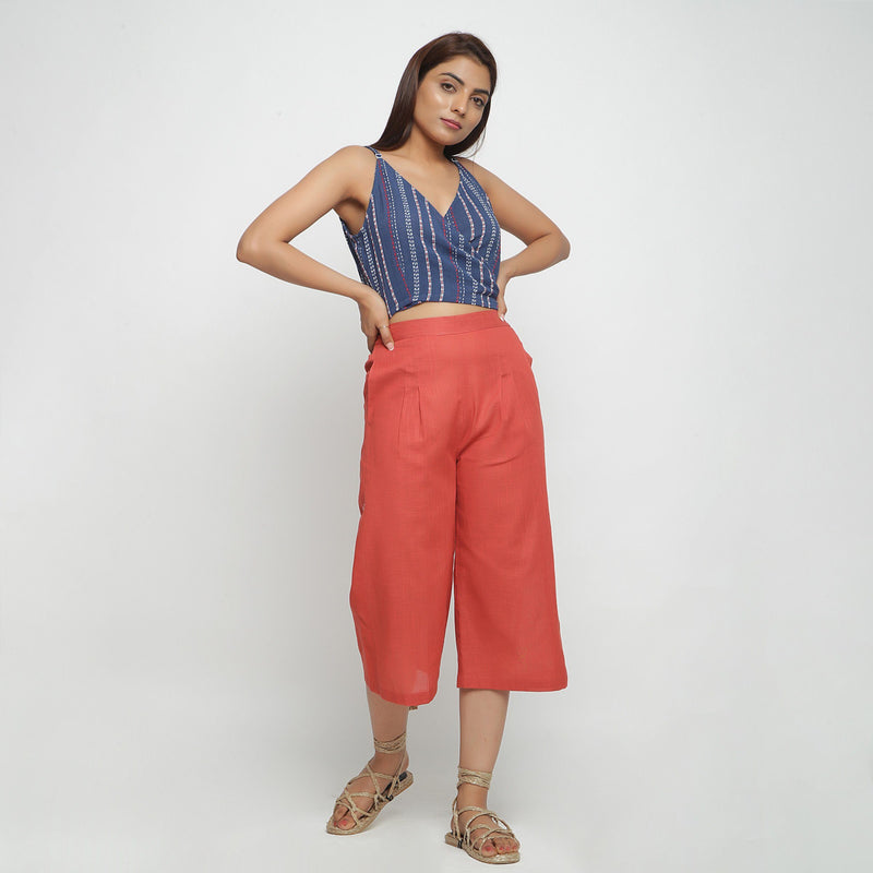 Front View of a Model wearing Yarn Dyed V-Neck Top and High Rise Culottes Set