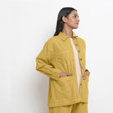 Right View of a Model wearing Yellow 100% Cotton Button-Down Outerwear