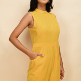 Front Detail of a Model wearing Yellow Cotton Khadi Sleeveless Jumpsuit