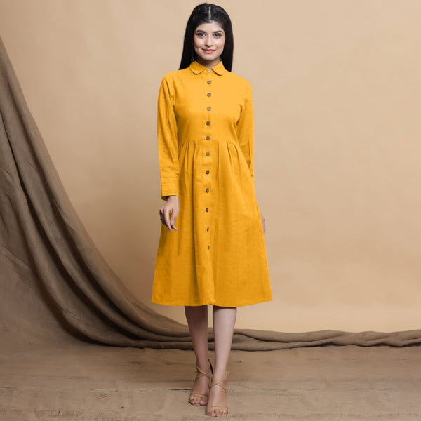 Front View of a Model wearing Yellow Button Down Cotton Flax Knee Length Formal Dress