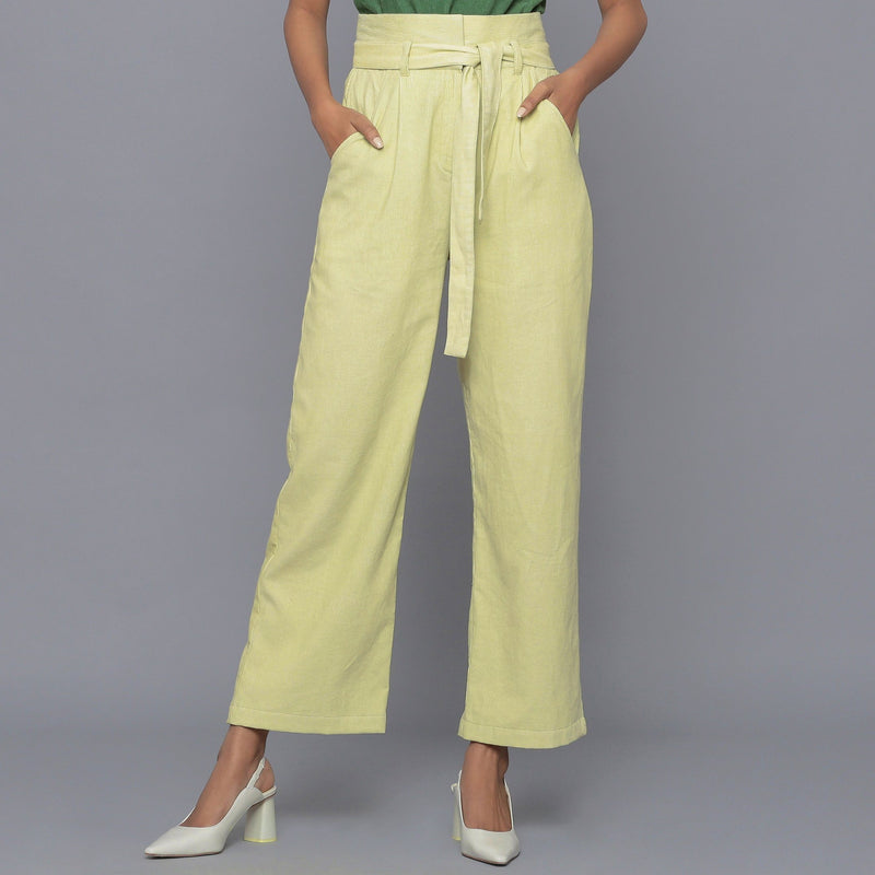 Front View of a Model wearing Yellow Pistachio Cotton Corduroy Pant