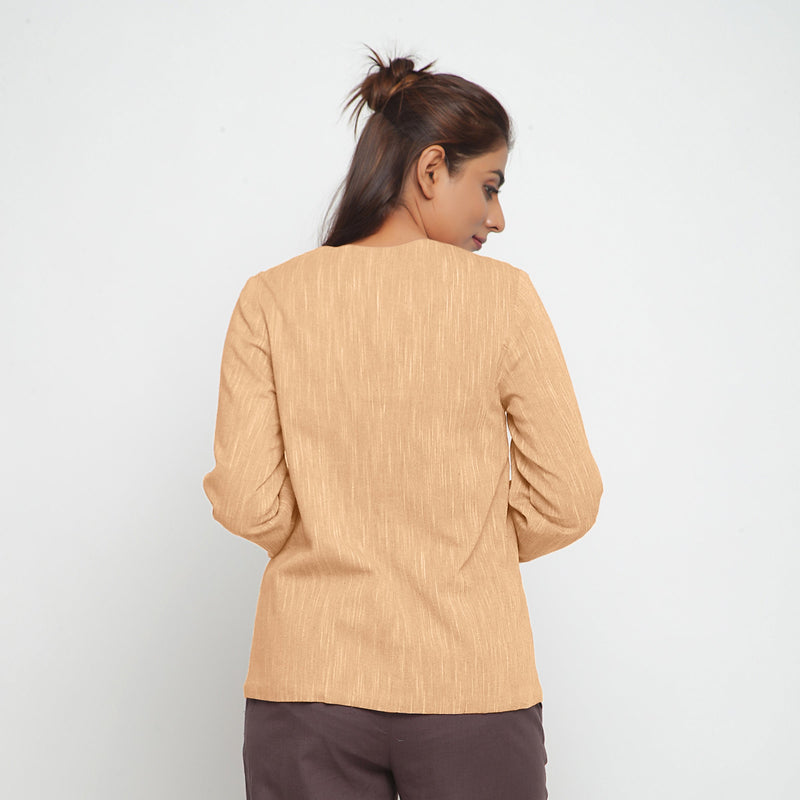 Back View of a Model wearing Yellow Cotton Flax Button-Down Jacket