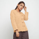 Right View of a Model wearing Yellow Cotton Flax Button-Down Jacket