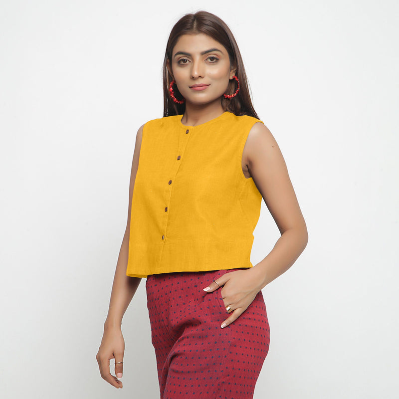 Left View of a Model wearing Yellow Cotton Flax Button-Down Shirt