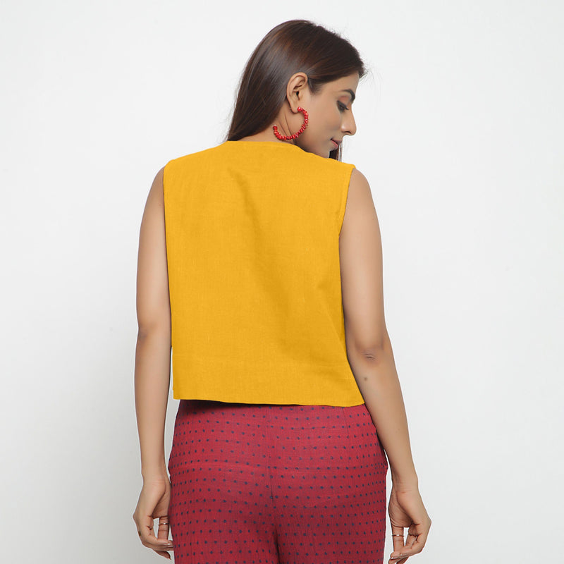 Back View of a Model wearing Yellow Cotton Flax Button-Down Shirt