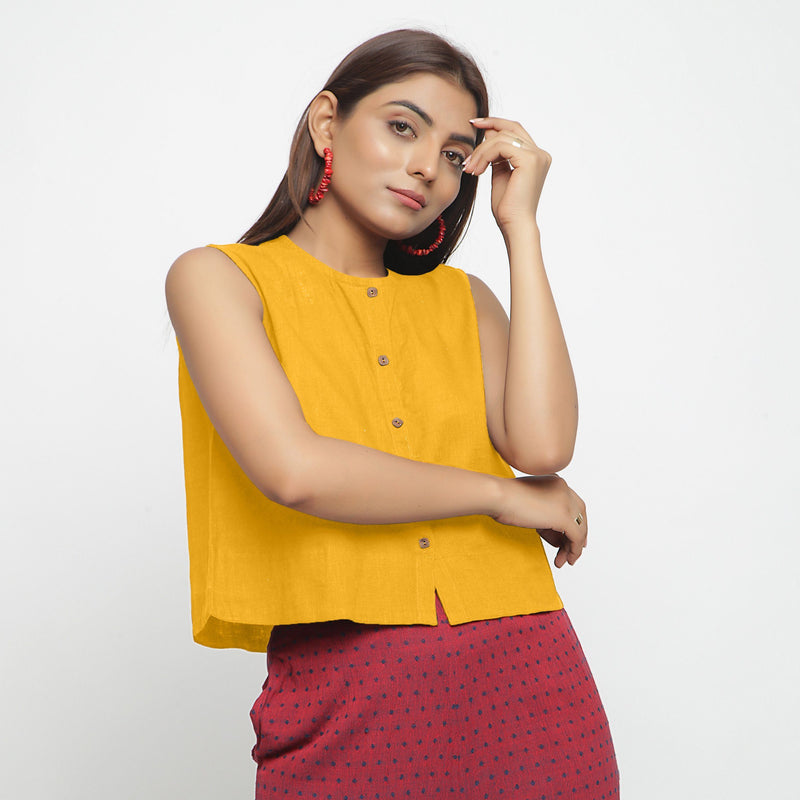 Front View of a Model wearing Yellow Cotton Flax Button-Down Shirt