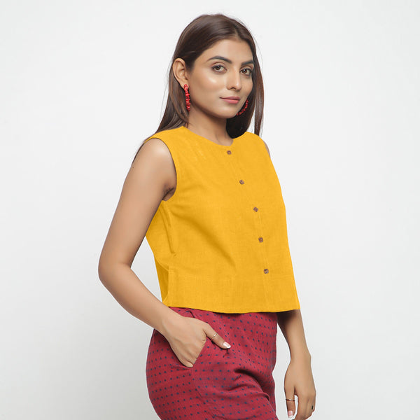 Right View of a Model wearing Yellow Cotton Flax Button-Down Shirt