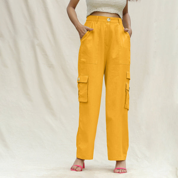 Yellow Cotton Flax Elasticated High-Rise Cargo Pant