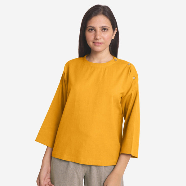 Front View of a Model wearing Yellow Cotton Flax Flared A-Line Top