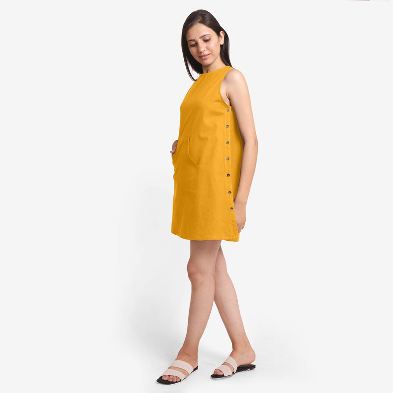 Left View of a Model wearing Yellow Cotton Flax Kangaroo Pocket Dress