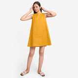 Front View of a Model wearing Yellow Cotton Flax Kangaroo Pocket Dress