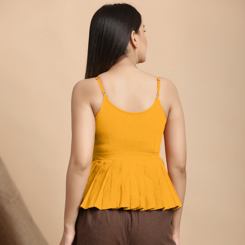 Back View of a Model wearing Yellow Cotton Flax V-Neck Pleated Camisole Top