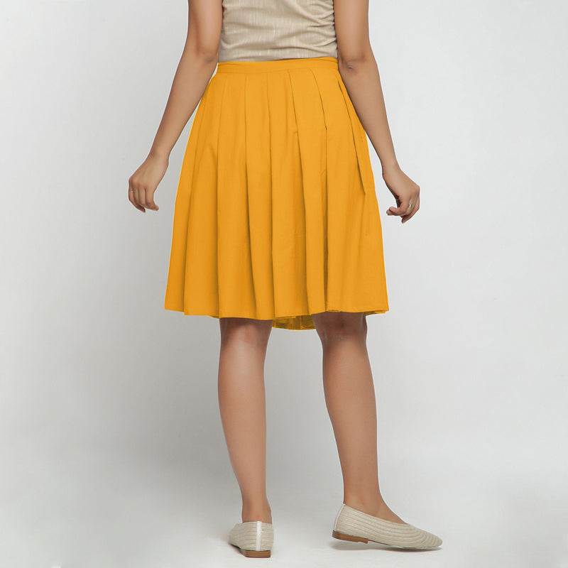 Back View of a Model wearing Yellow Cotton Flax Pleated Skirt