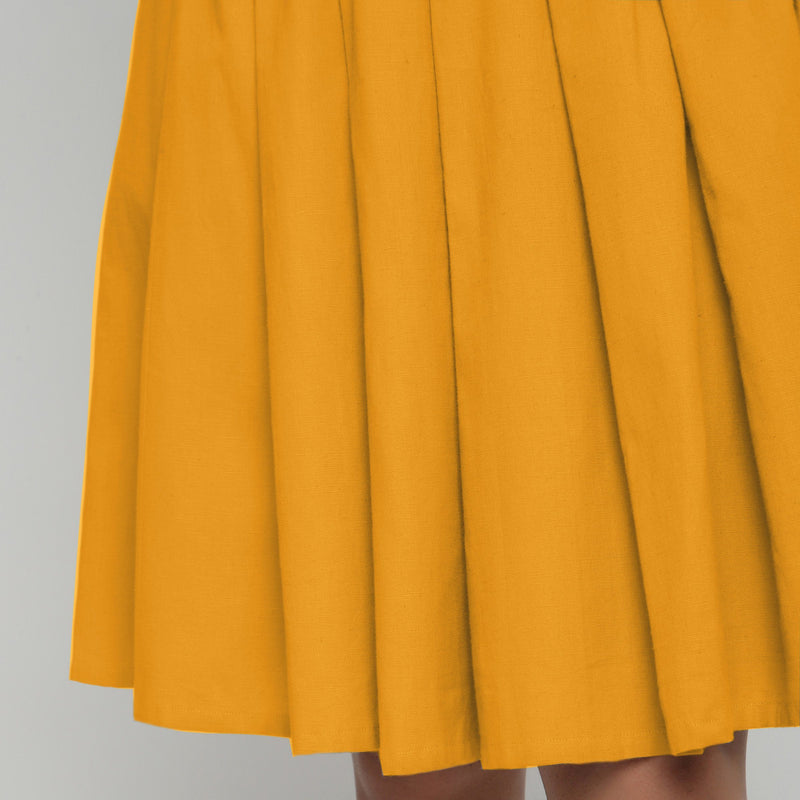 Close View of a Model wearing Yellow Cotton Flax Pleated Skirt