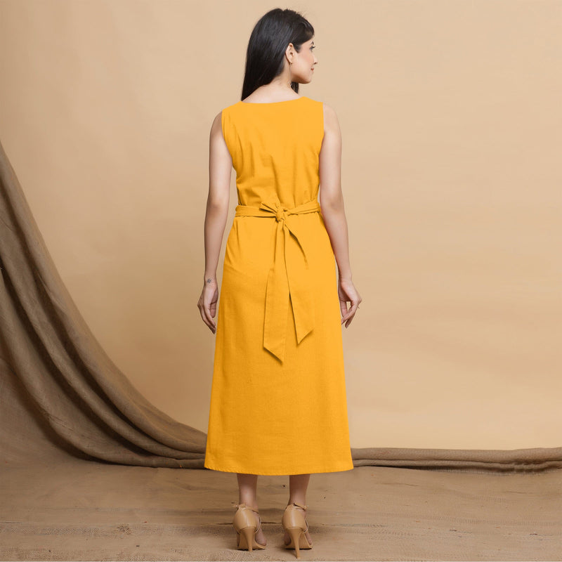 Yellow Cotton Flax Sleeveless A-Line Midi Dress