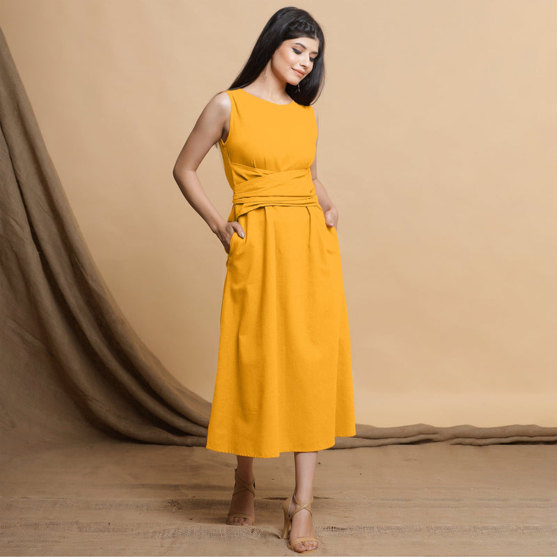 Yellow Cotton Flax Sleeveless A-Line Midi Dress