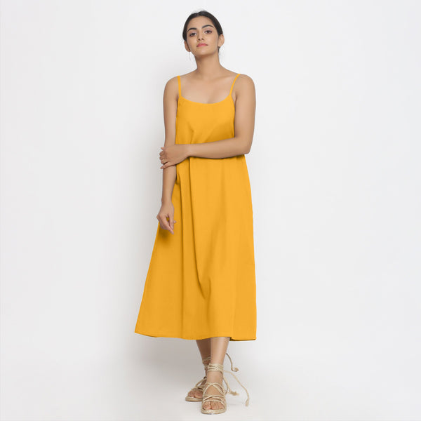 Front View of a Model wearing Yellow Cotton Flax Strap Sleeve A-Line Dress