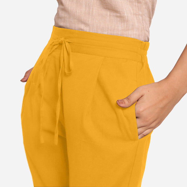 Front Detail of a Model wearing Yellow Cotton Flax Wide Legged Pant