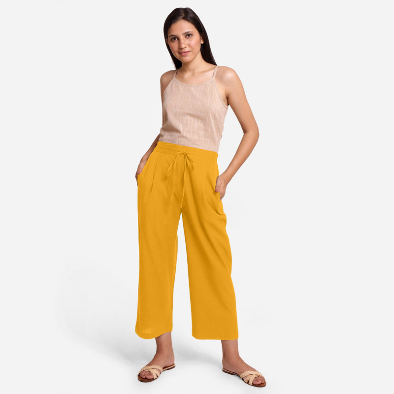 Front View of a Model wearing Yellow Cotton Flax Wide Legged Pant