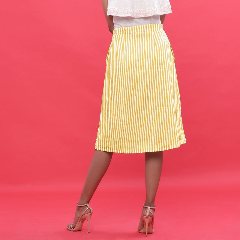 Back View of a Model wearing Yellow Hand Screen Printed A-Line Skirt