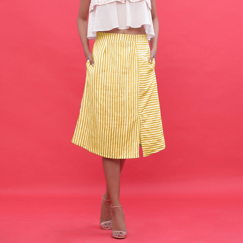 Front View of a Model wearing Yellow Hand Screen Printed A-Line Skirt