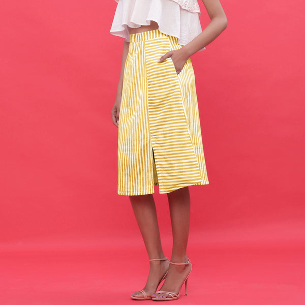 Left View of a Model wearing Yellow Hand Screen Printed A-Line Skirt
