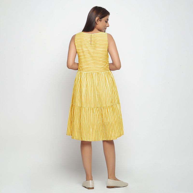 Back View of a Model wearing Yellow Hand Screen Printed Lined Tiered Dress
