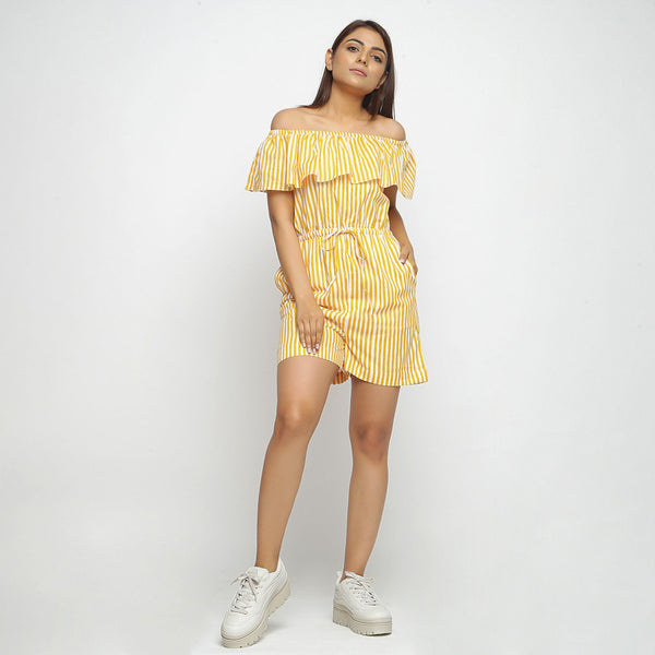 Front View of a Model wearing Yellow Hand-Screen Print Playsuit