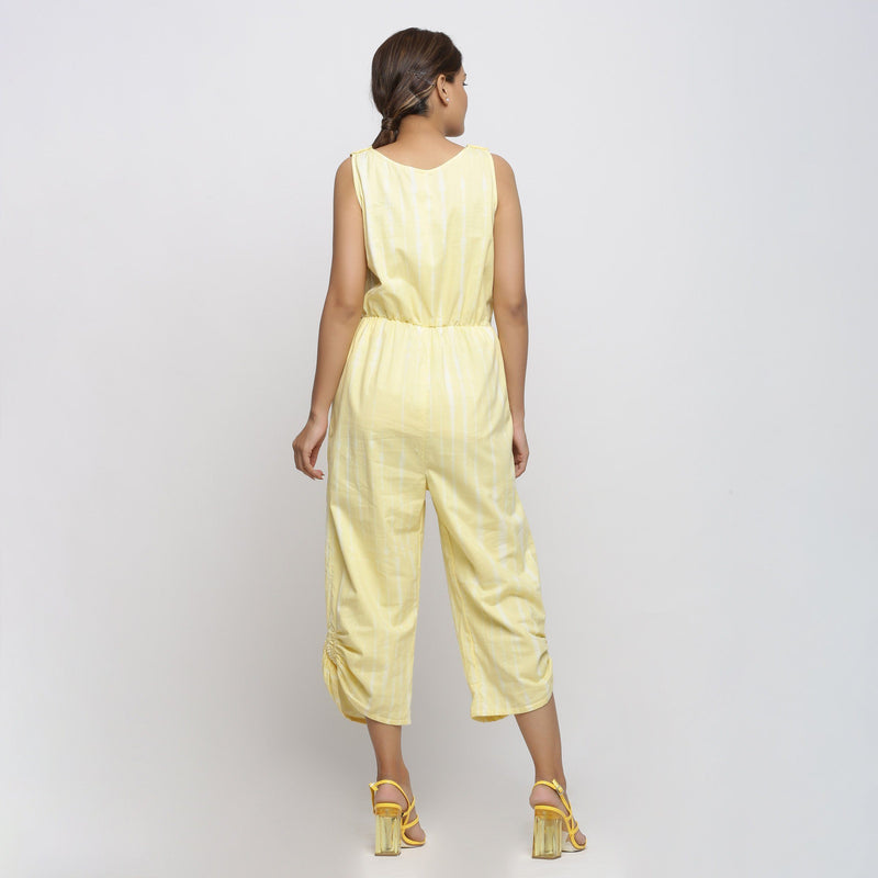 Back View of a Model wearing Yellow Hand Tie Dyed Straight Jumpsuit