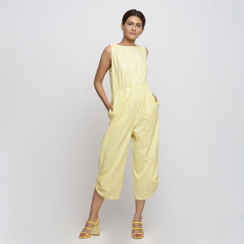Front View of a Model wearing Yellow Hand Tie Dyed Straight Jumpsuit