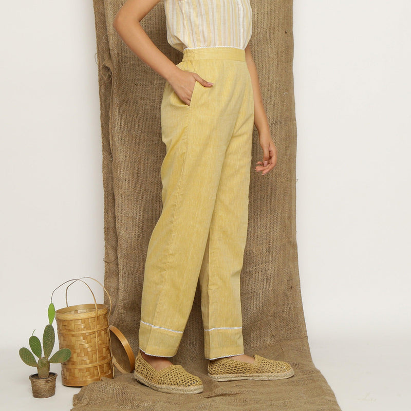 Yellow Handspun Cotton Lace Elasticated High-Rise Pant