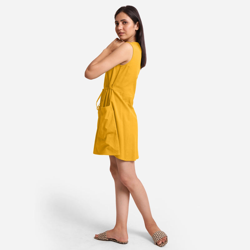Left View of a Model wearing Yellow Patch Pocket Round Neck Dress