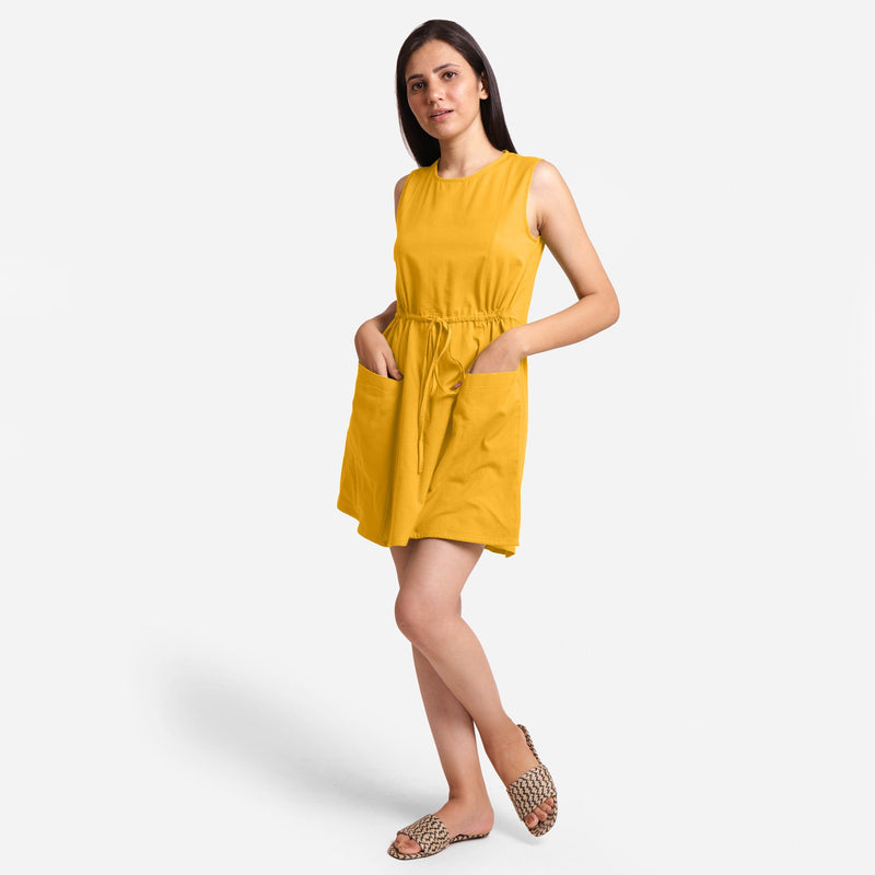 Front View of a Model wearing Yellow Patch Pocket Round Neck Dress